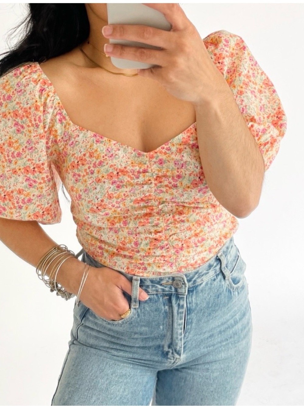 LUSH Buttee Yellow Floral Puff Sleeve Ruched Crop Top Size M